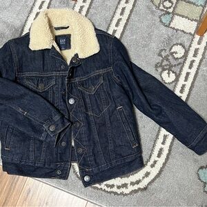 GAP Kids Dark Blue Denim Jacket with Cream Sherpa Lining
